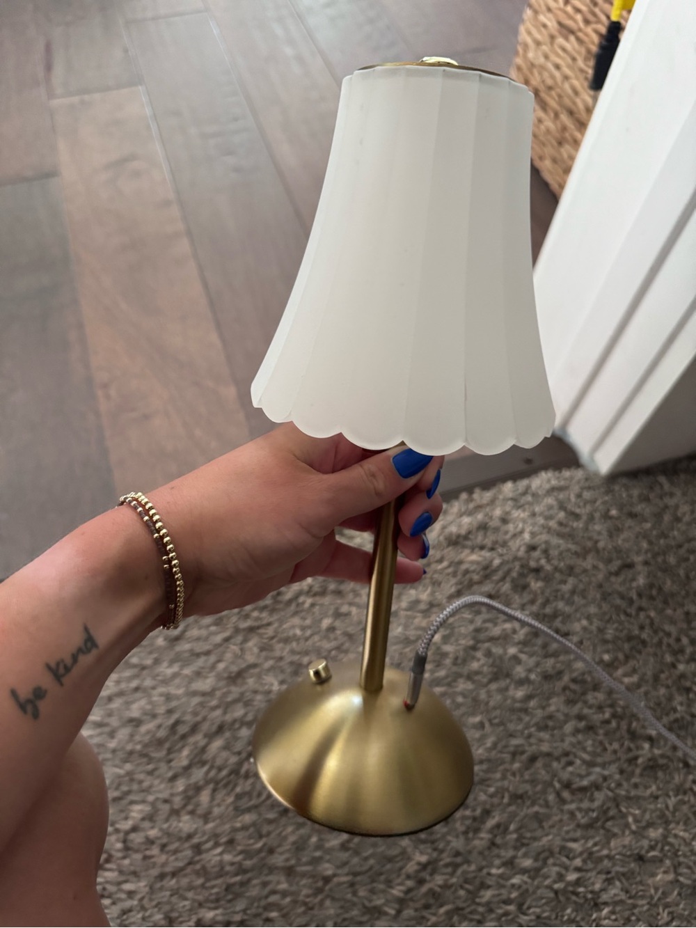Brass battery powered Lamp with White Scalloped Shade -3 color settings w USB